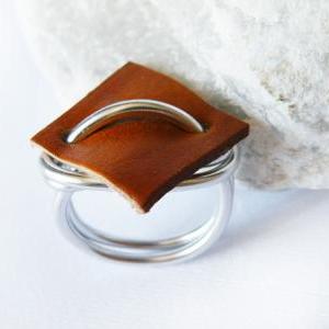Wire Wrapped Caramel Brown Genuine Leather Ring..