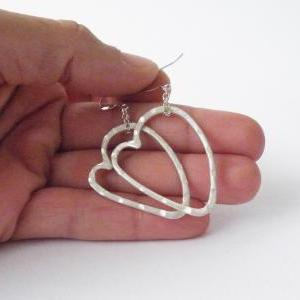 Steling Silver Heart Earrings Hand Forged Outlined..