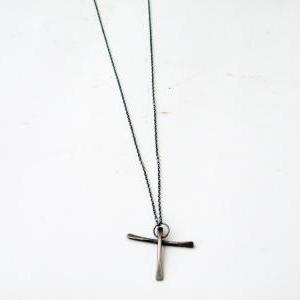 Black Cross Long Pendant Necklace Oxidized..