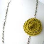 Long Pendant Necklace Crochet Deco Rose Lime Green..