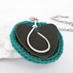 Long Pendant Necklace Dark Green Leather. Oval..