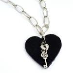 Long Pendant Necklace Black Leather Heart Pendant..