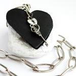 Long Pendant Necklace Black Leather Heart Pendant..