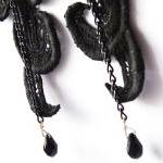 Vintage Black Lace Hook Earrings. Hand Dyed. Long..