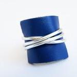 Wire Wrap Ring. Blue Recycled Leather Ring...