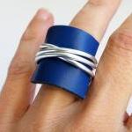 Wire Wrap Ring. Blue Recycled Leather Ring...