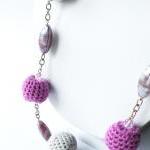Long Retro Necklace Crochet Bubbles Pink Purple..