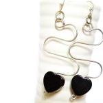 Black Onyx Heart Long Hook Earrings Birthstone..