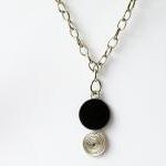 Black Round Flat Onyx Bead Pendant Necklace..