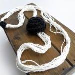 Linen Long Necklace Black White Crochet Wool Rose..