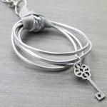Hoop Pendant Necklace Silver Grey Leather Key..
