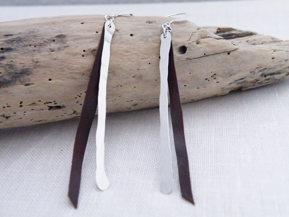 Long Minimalist Necklace Fine Silver Bars Brown Leather Modern Jewelry By Steamylab