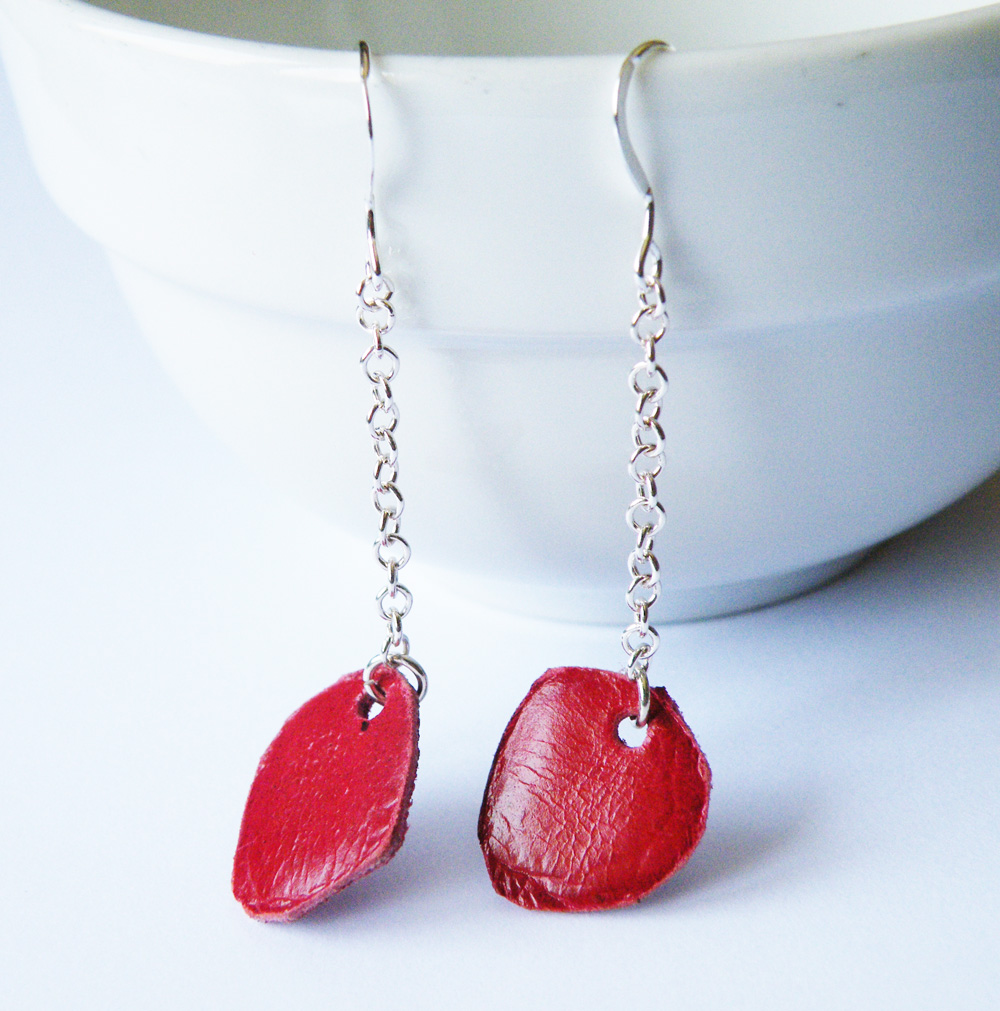 Sterling Silver Dangle Earrings Red Ruby Leather Chips Leather Jewelry By Steamylab