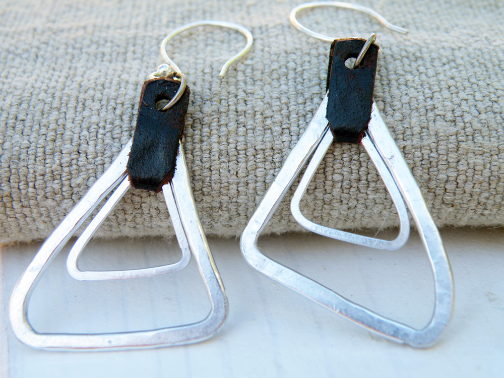 Modern Geometric Dangle Earrings Hammered Aluminum Triangles Brown Leather
