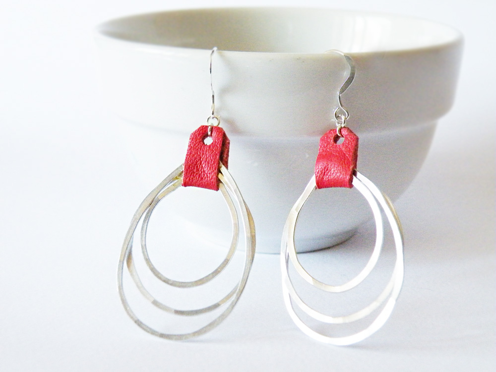 Geometric Dangle Earrings Hammered Aluminum Ovals Red Recycled Leather