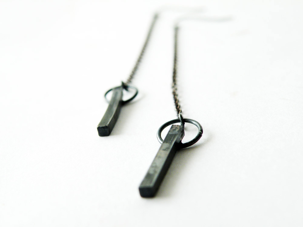 Black Oxidized Sterling Silver Dangle Earrings Long Chain Modern Long Squared Earrings Antiqued Finish By Steamylab