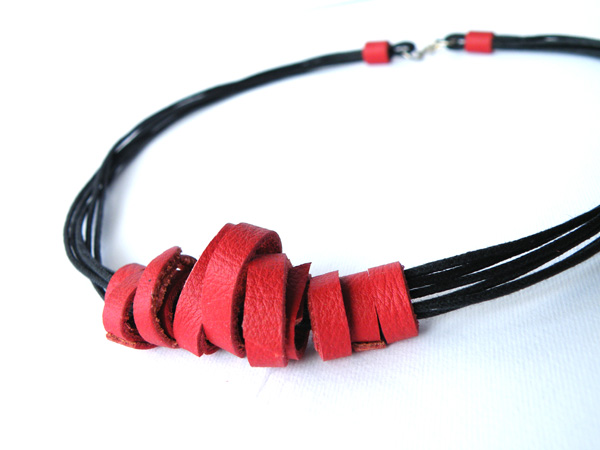 Multi Strand Necklace Tribal Leather Necklace. Recycled Leather. Red And Black Wearable Art Handmade By Steamylab.