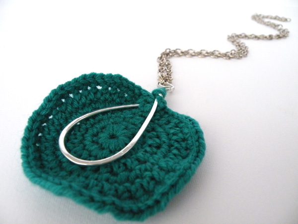 Long Pendant Necklace. Oval Hammered Aluminum. Emerald Green Crochet Woollen Disc. Handmade. All Occasions. Handmade.