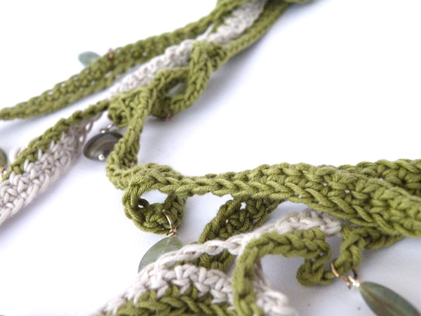 Long Multi Strand Crochet Necklace Spring Summer Fashion French Eco-cotton Olive Green Cream Glass Beads Handmade By Steamylab.