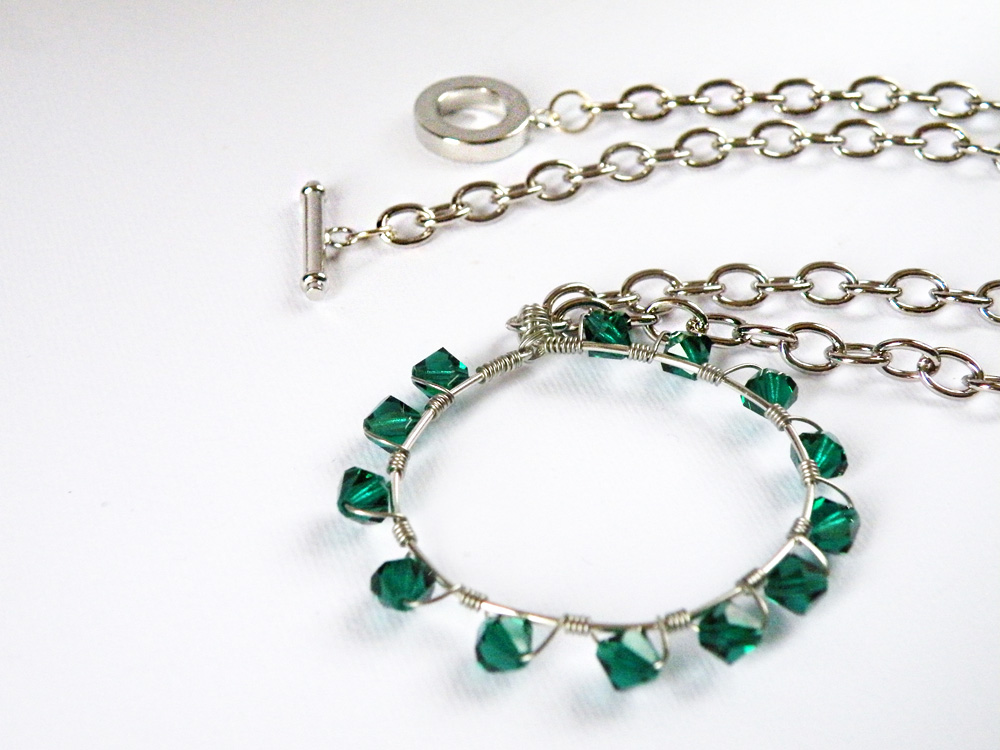 May Birthstone Emerald Green Swarovski Crystals Hoop Pendant Necklace Birthstone May Wire Wrapped Hoop By Steamylab