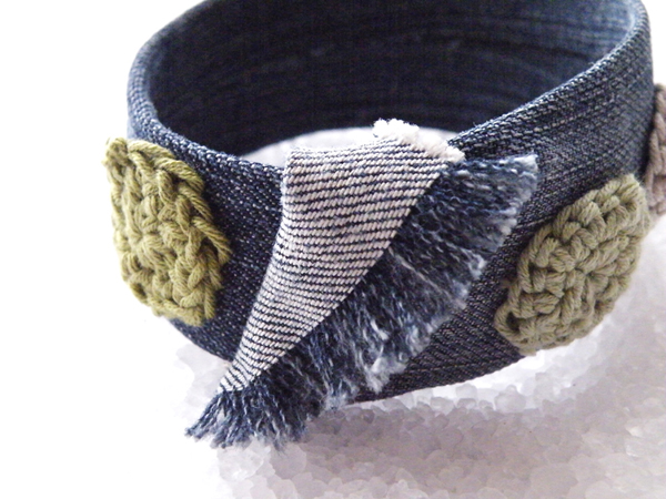 Hippie Denim Bangle Bracelet Recycled Plastic Jeans Bracelet Crochet Jewelry French. Handmade.