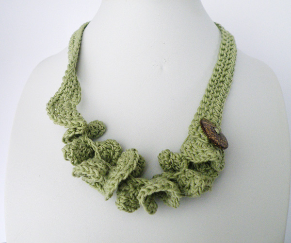 Crochet Necklace. Mint Green. French Eco Cotton.wavy. Coconut Button. Spring Summer Fashion Handmade By Steamylab.
