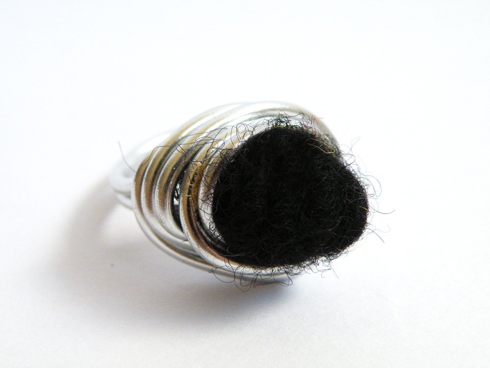 Wire Wrapped Cocktail Ring Black Felted Wool Aluminum Ring Modern Jewellery Textile Jewelry By Steamylab.