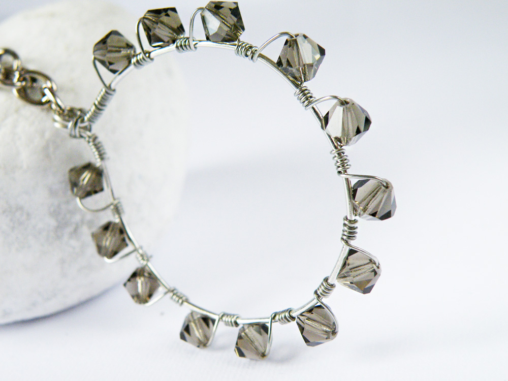 Smoky Quartz Wire Wrapped Hoop Pendant Necklace Bicone Swarovski Crystal Diamond Like Jewelry Fashion Accessories By Steamylab