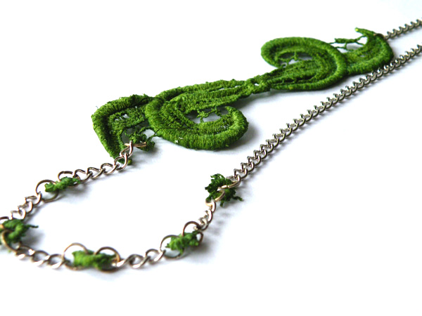 Tatting Lace Necklace. Green Vintage Necklace. Hand Dyed Lace. Steel Chain. Unique Jewelry. Handmade By Steamylab.