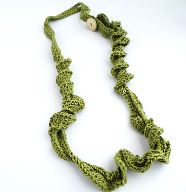 Crochet Long Necklace Olive Green French Cotton Spring Fashion Jewelry Coconut Button Handmade By Steamylab