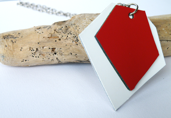 Long Pendant Necklace. Leather Pendant. Geometric Necklace. Asymmetric Red And White Leather. Wearable Art. Steamylab.