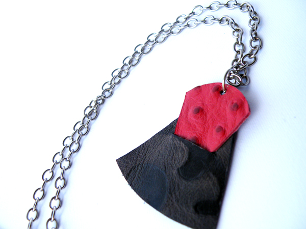 Long Pendant Necklace Printed Leather Red And Brown. Modern Necklace Modern Jewelry. Steamylab.