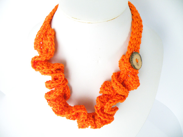 Crochet Necklace Bright Orange Cotton Wavy Coconut Button Spring Summer Fashion Soft Energising, Handmade By Steamylab.