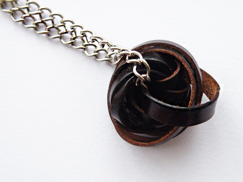 Long Pendant Necklace. Dark Brown Leather Trims. Leather Loops. Simple Design. Bundle. Recycled. Handmade By Steamylab.