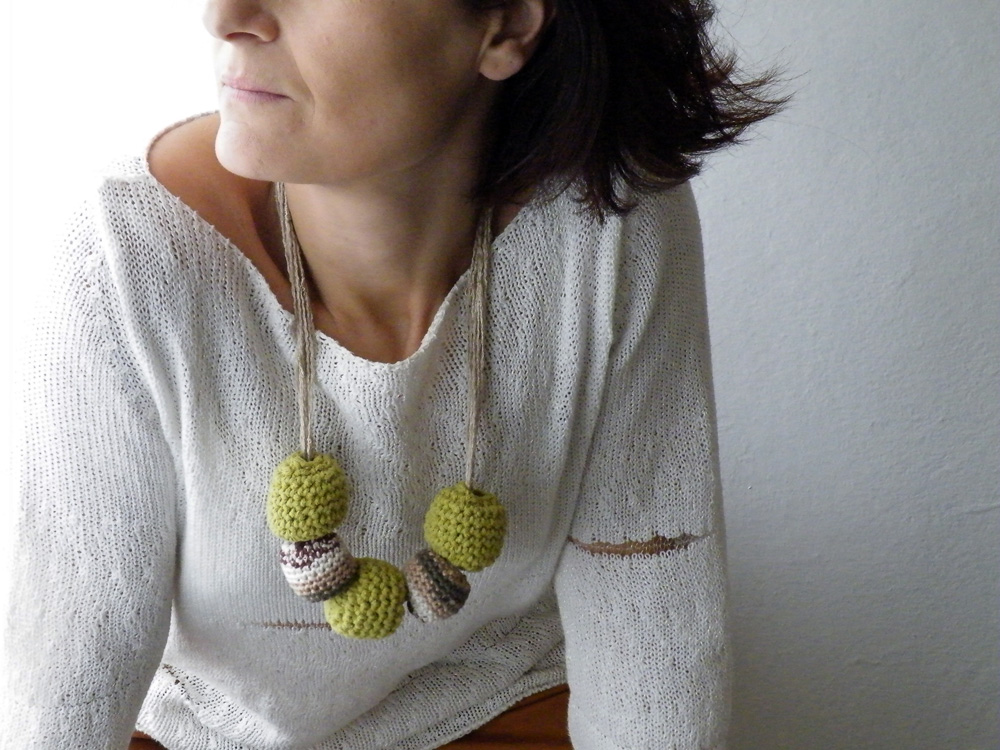 Bubble Necklace Chunky Crochet Necklace Lime Green Brown Tones Spring Summer Fashion Linen Necklace. Handmade By Steamylab.