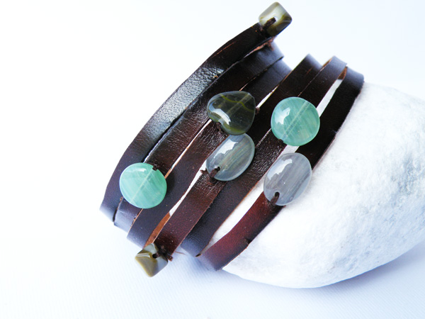 Cuff Leather Bracelet. Multi Strand. Glass Beads. Green Tones. Brown Printed Leather. By Steamylab.