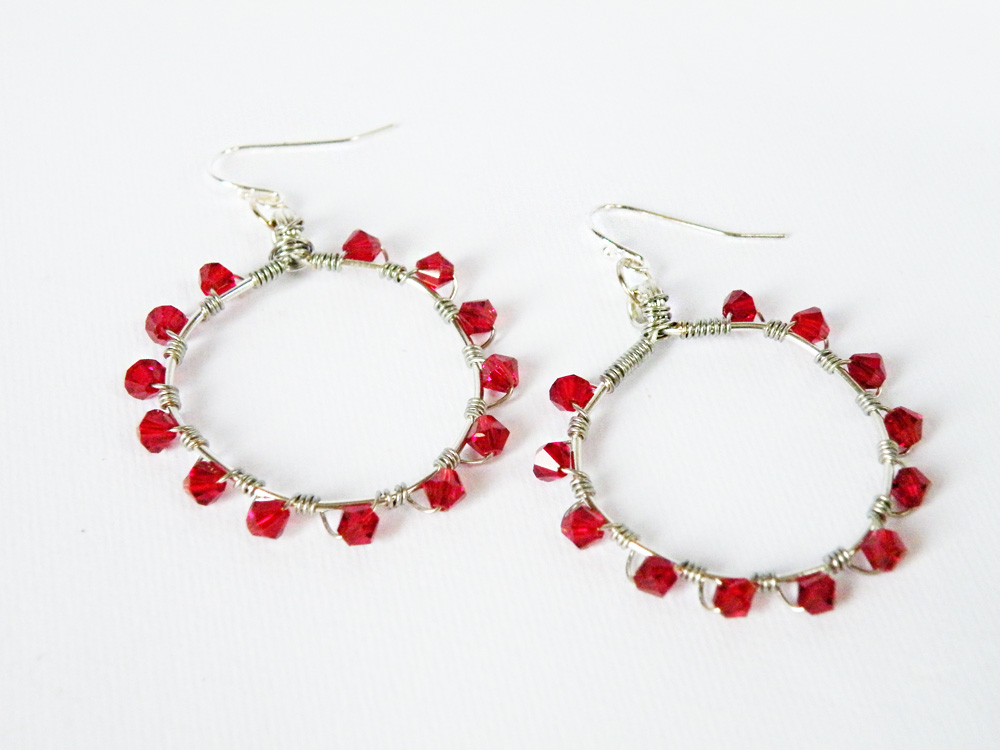 January Birthstone Garnet Red Swarovski Crystals Hoop Earrings Birthstone Jewelry Wire Wrapped Hoops By Steamylab