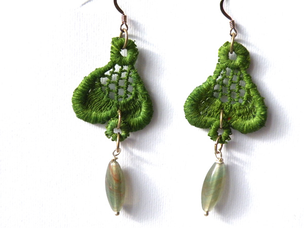 Green Vintage Lace Earrings. Hook Earrings. Hand Dyed Green Lace. Unique Jewelry. Made In Italy. Handmade By Steamylab.