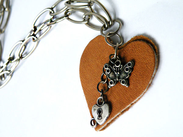 Long Leather Pendant Necklace. Brown Leather Hearts. Leather Jewelry. Butterfly Charm. Heart Charm. Romantic Necklace. By Steamylab.