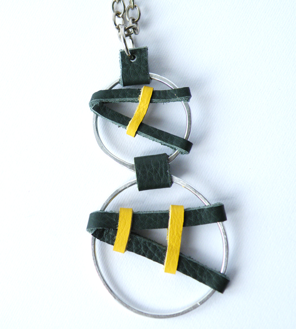 Long Pendant Necklace Hammered Aluminum Geometric Pendant Green And Yellow Leather Fashion Accessories