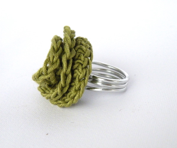 Wire Wrapped Crochet Deco Rose Ring. Aluminum. Olive Green. Cotton. Chic. Trendy. Handmade By Steamylab
