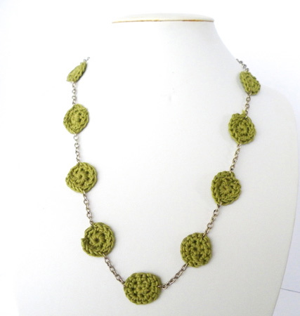 Hippie Crochet Necklace Textile Jewelry Olive Green French Cotton Spring Summer Fashion By Steamylab.