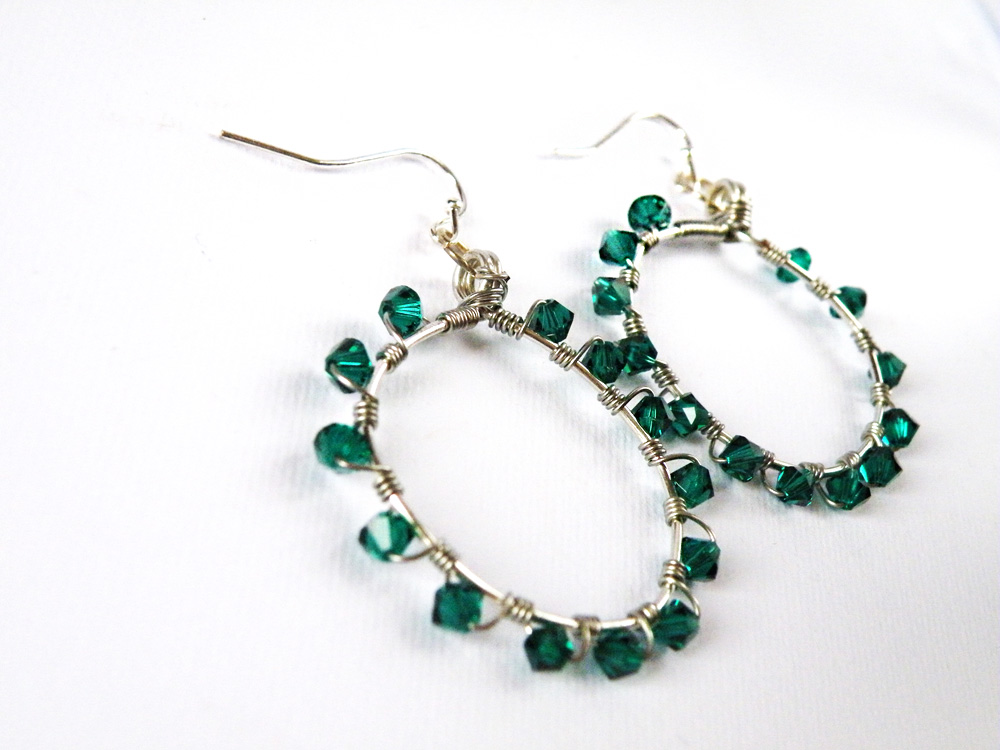 May Birthstone Emerald Green Swarovski Crystals Hoop Earrings Birthstone Jewelry Wire Wrapped Hoops By Steamylab