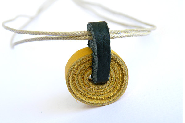 Recycled Leather Necklace. Eco Friendly Yellow Green Roll Pendant Geometric Necklace. Minimalist Jewelry. Steamylab Design