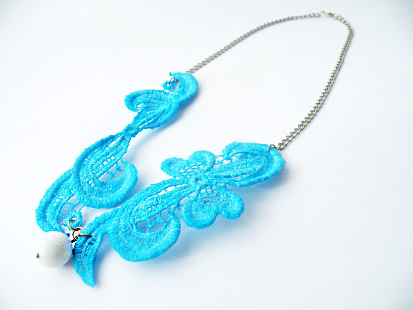 Turquoise Lace Vintage Necklace Spring Summer Fashion Textile Jewelry Statement Jewelry Unique Jewelry By Steamylab.