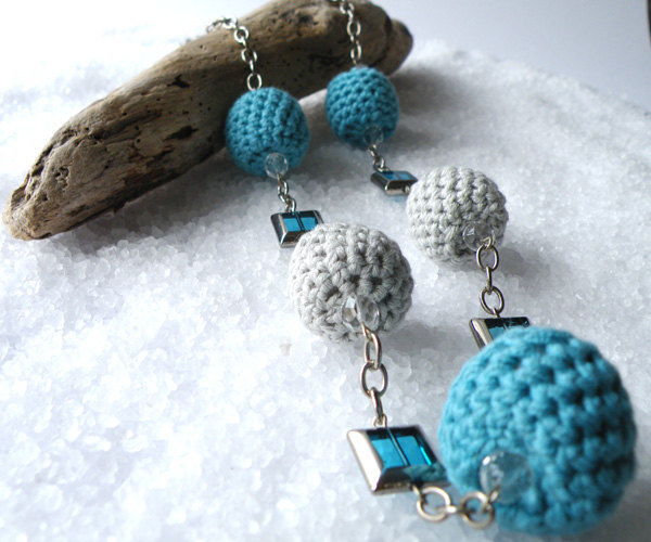 Long Crochet Necklace Retro Jewelry Glass Beads Turquoise Light Gray Spring Summer Fashion Elegant. Stylish. Trendy.