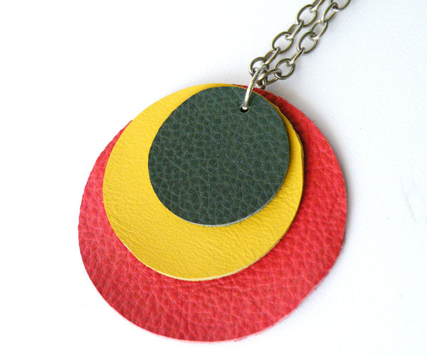 Long Geometric Necklace Long Pendant Necklace Hippie Red Yellow Green Leather Modern Handmade By Steamylab