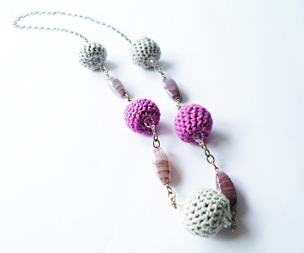 Long Retro Necklace Crochet Bubbles Pink Purple Fuchsia Light Gray Spring Summer Accessories By Steamylab.