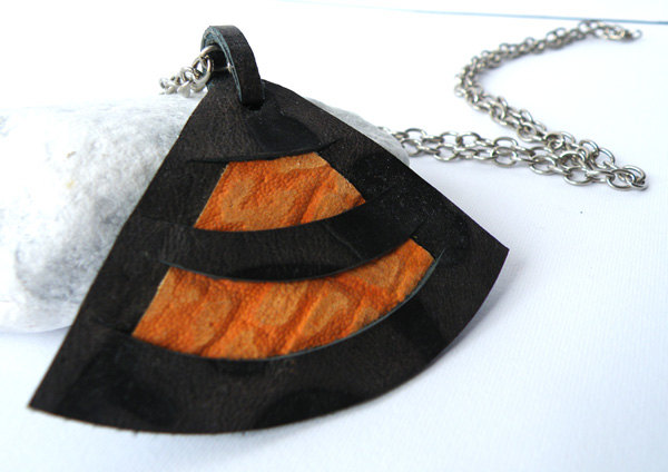 Long Pendant Necklace Leather Jewelry Printed Leather Brown Orange Women Accessories Modern. Handmade By Steamylab.