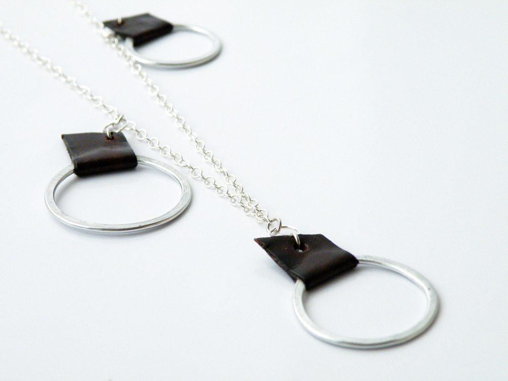 Minimalist Geometric Necklace Sterling Silver Brown Leather Aluminum Hoops Modern Jewelry By Steamylab